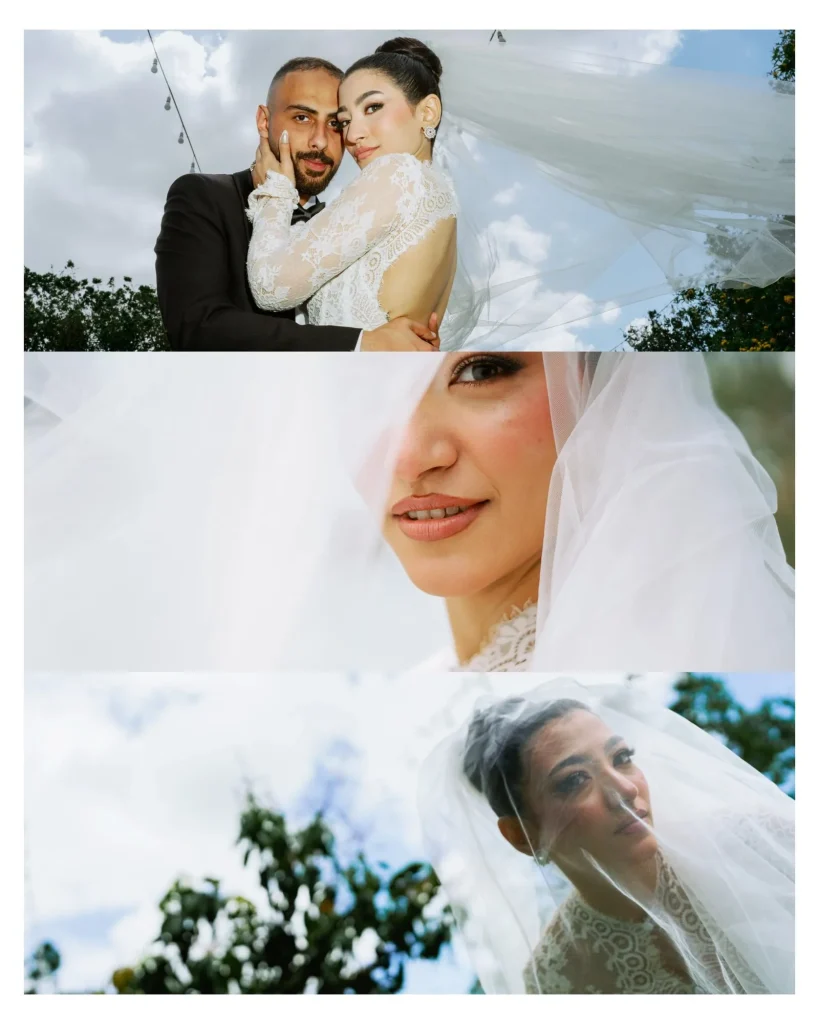 Three-frame portrait series of the bride and groom under the sky